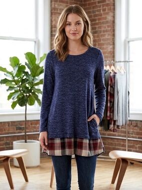 ROSETTE by Be Cool Two Attached Tops Layered in one, Women’s M, Plaid Blue